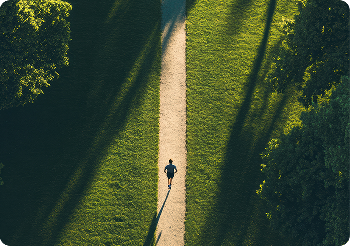 긴 그림자 속 길을 걷는 사람 — 안국건강의 꾸준한 발자취를 상징하는 이미지