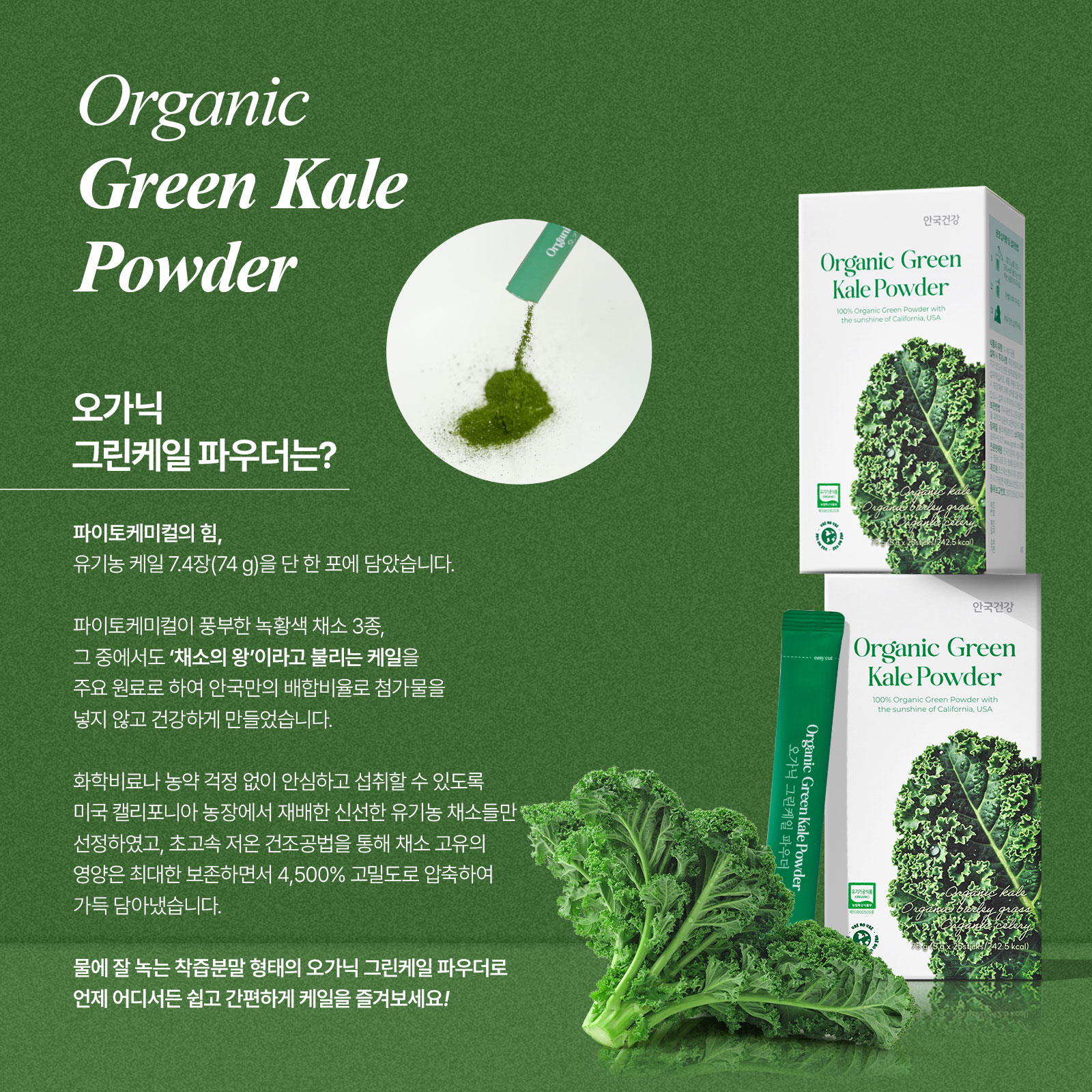 [안국건강] 오가닉 그린 컬리 케일 파우더 3g X 25포(총 75g) 1박스